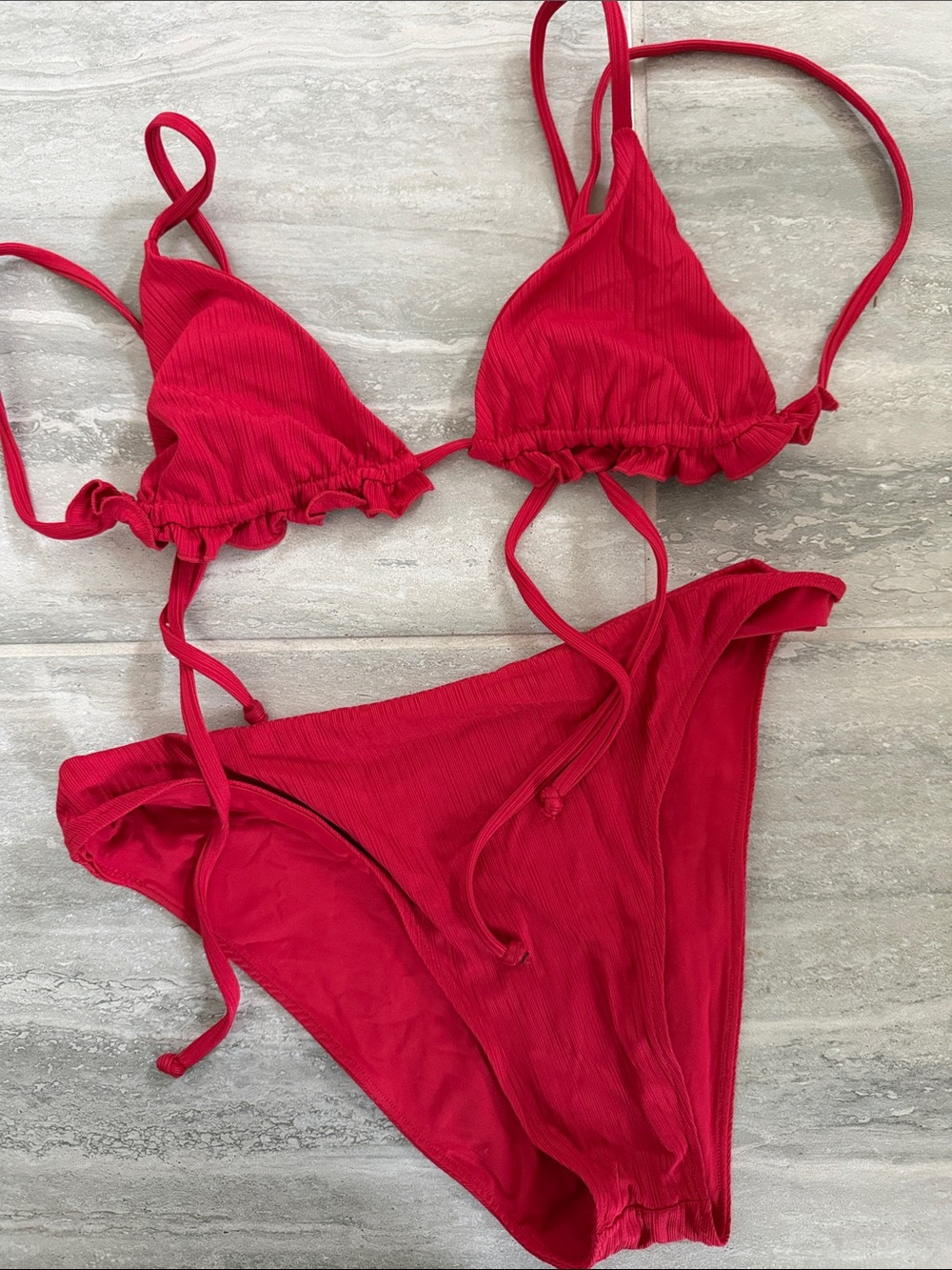 Aro Swim Red Ribbed Ruffle Triangle Bikini